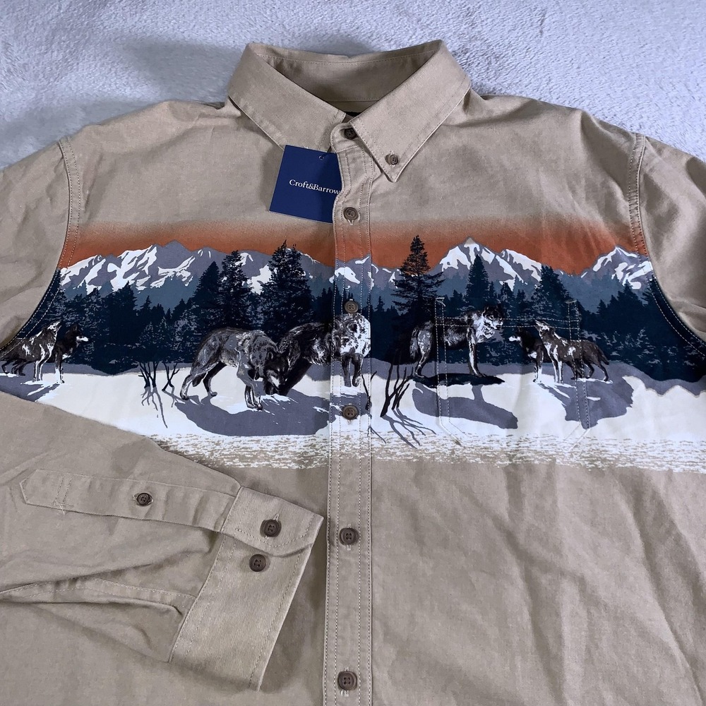 Croft & Barrow Shirt Mens XLT Beige Wolf Mountain Button Down Long Sleeve NEW